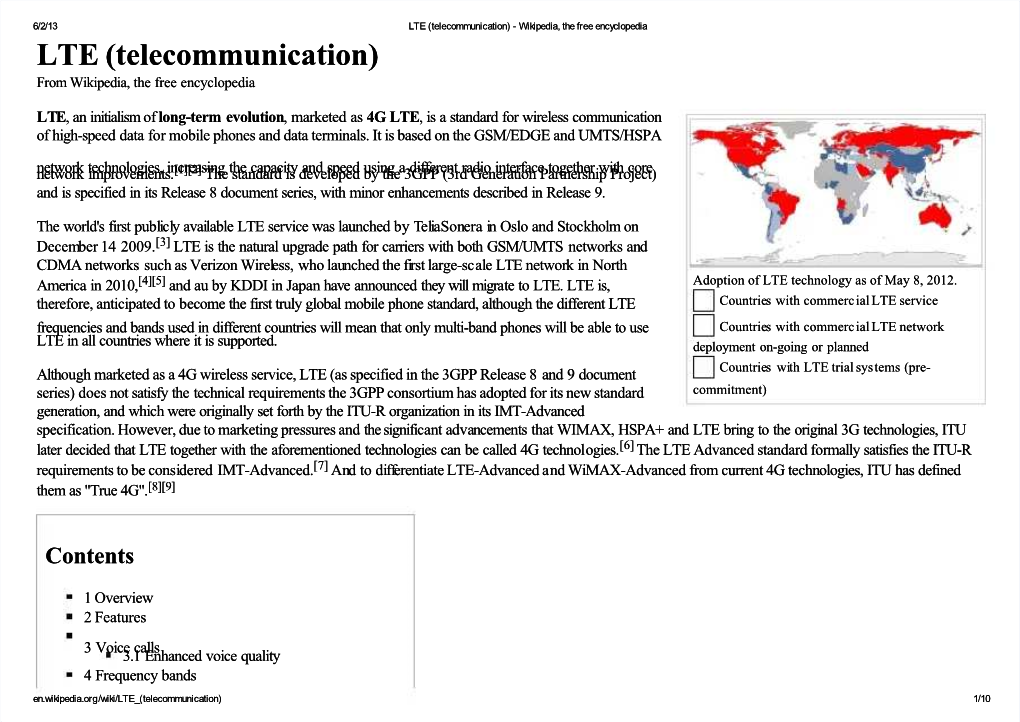 LTE (Telecommunication) from Wikipedia, the Free Encyclopedia
