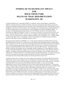 Finding of No Significant Impact for Rock Creek Park Multi-Use Trail Rehabilitation Washington, Dc