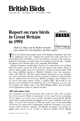 Report on Rare Birds in Great Britain in 1991