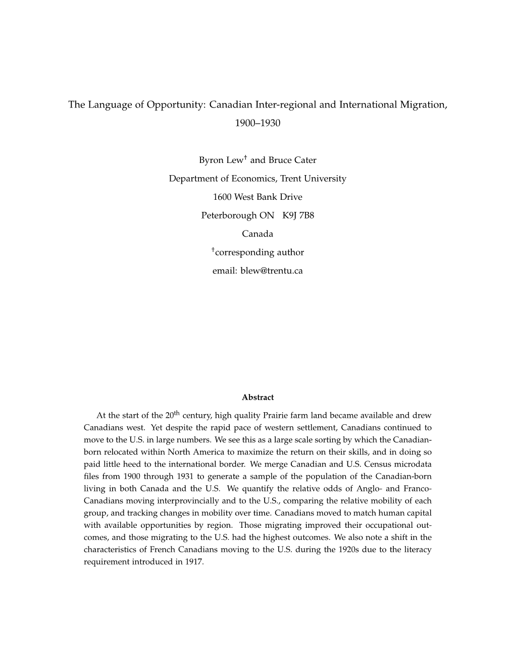 The Language of Opportunity: Canadian Inter-Regional and International Migration, 1900–1930