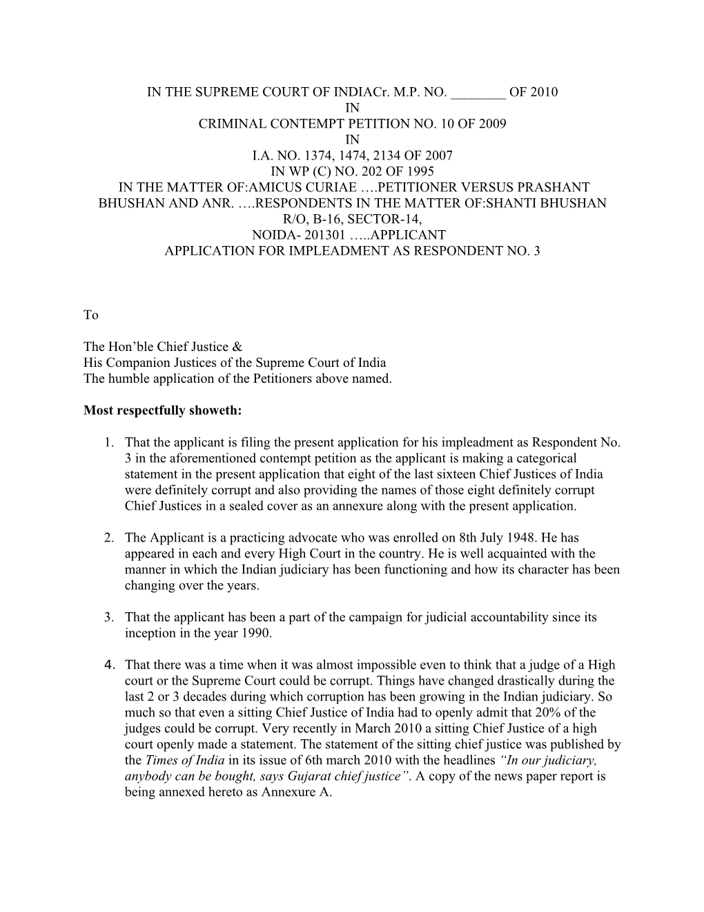 Of 2010 in Criminal Contempt Petition No. 10 of 2009 in Ia No