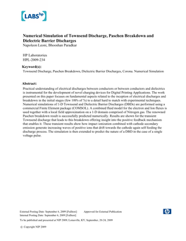 Numerical Simulation of Townsend Discharge, Paschen Breakdown and Dielectric Barrier Discharges Napoleon Leoni, Bhooshan Paradkar