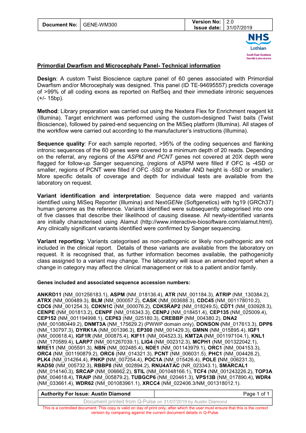 Primordial Dwarfism and Microcephaly Gene Panel