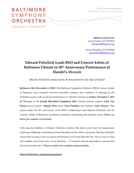 Edward Polochick Leads BSO and Concert Artists of Baltimore Chorale in 30Th Anniversary Performance of Handel's Messiah