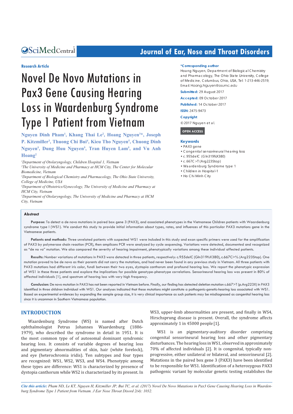 Novel De Novo Mutations in Pax3 Gene Causing Hearing Loss in Waarden- Burg Syndrome Type 1 Patient from Vietnam