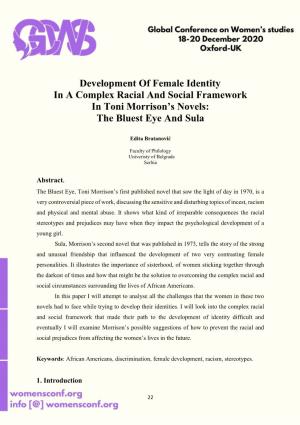 Development of Female Identity in a Complex Racial and Social Framework in Toni Morrison's Novels: the Bluest Eye and Sula