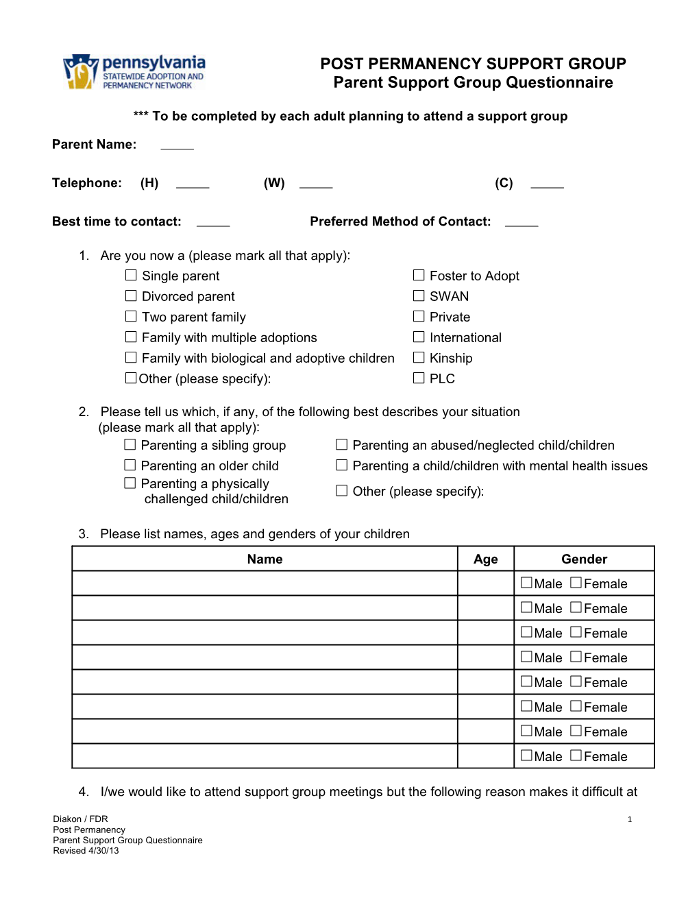 Parent Support Group Questionnaire