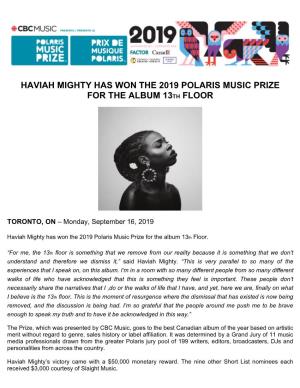 Haviah Mighty Has Won the 2019 Polaris Music Prize for the Album 13Th Floor