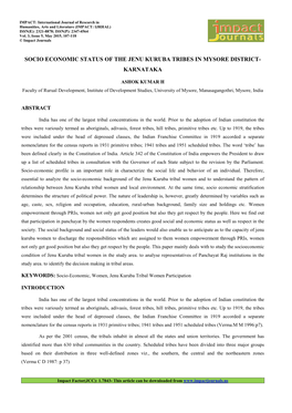 13.Hum- Socio Economic Status of the Jenu Kuruba Tribes In€ -Ashok