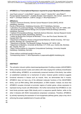 APOBEC2 Is a Transcriptional Repressor Required for Proper Myoblast Differentiation 2 3 Jose Paulo Lorenzo1a, Linda Molla2a, Ignacio L