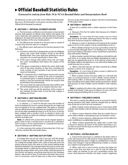 Official Baseball Statistics Rules Extracted in Entirety from Rule 10 in NCAA Baseball Rules and Interpretations Book