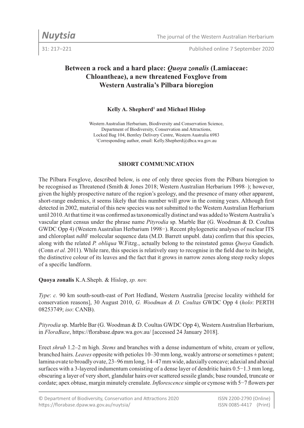 Nuytsia the Journal of the Western Australian Herbarium 31: 217–221 Published Online 7 September 2020