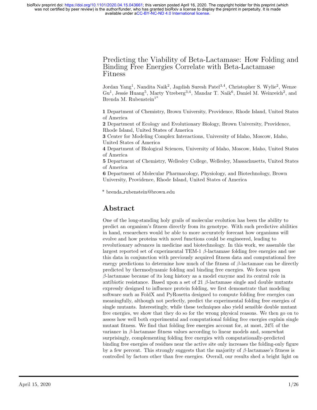 How Folding and Binding Free Energies Correlate with Beta-Lactamase Fitness Abstract