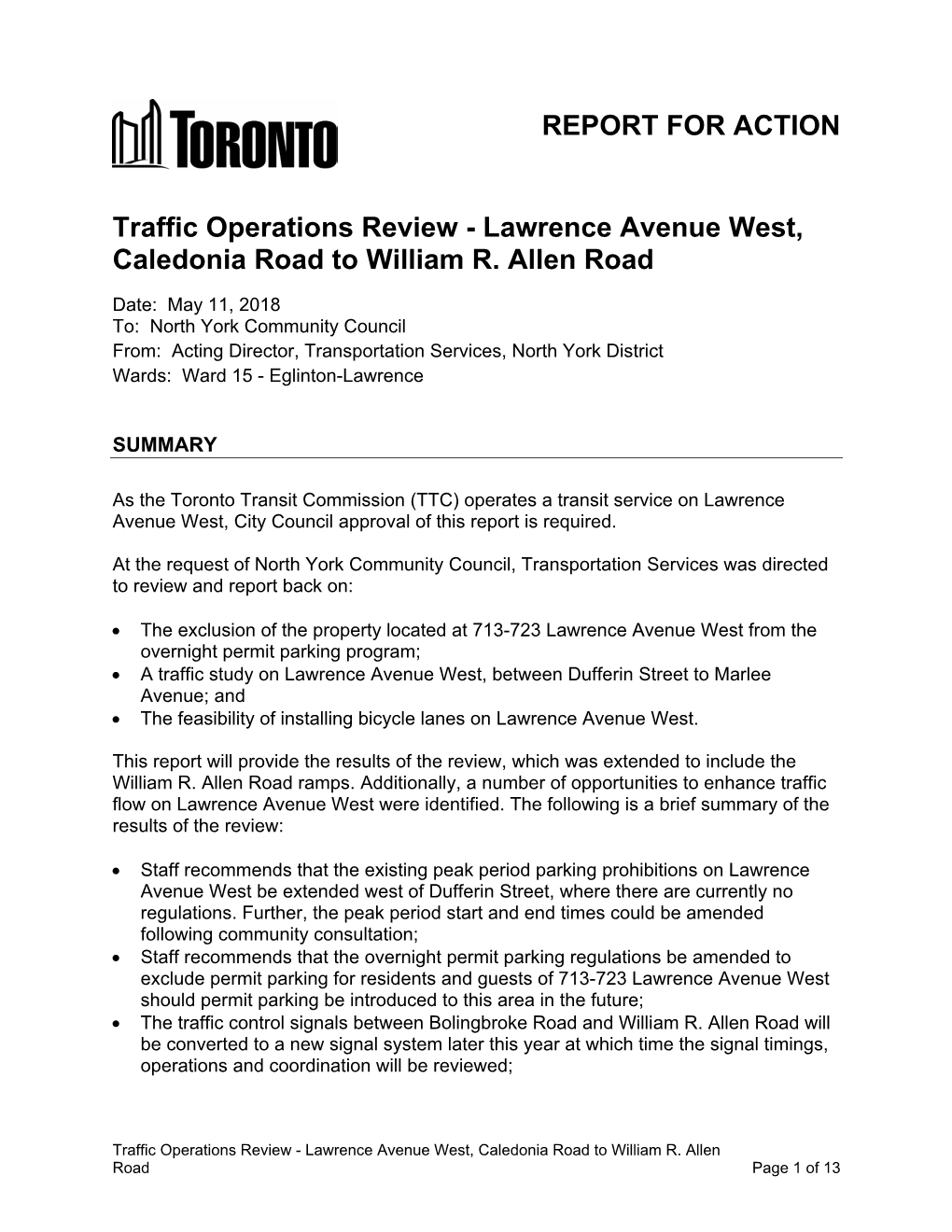 Traffic Operations Review - Lawrence Avenue West, Caledonia Road to William R