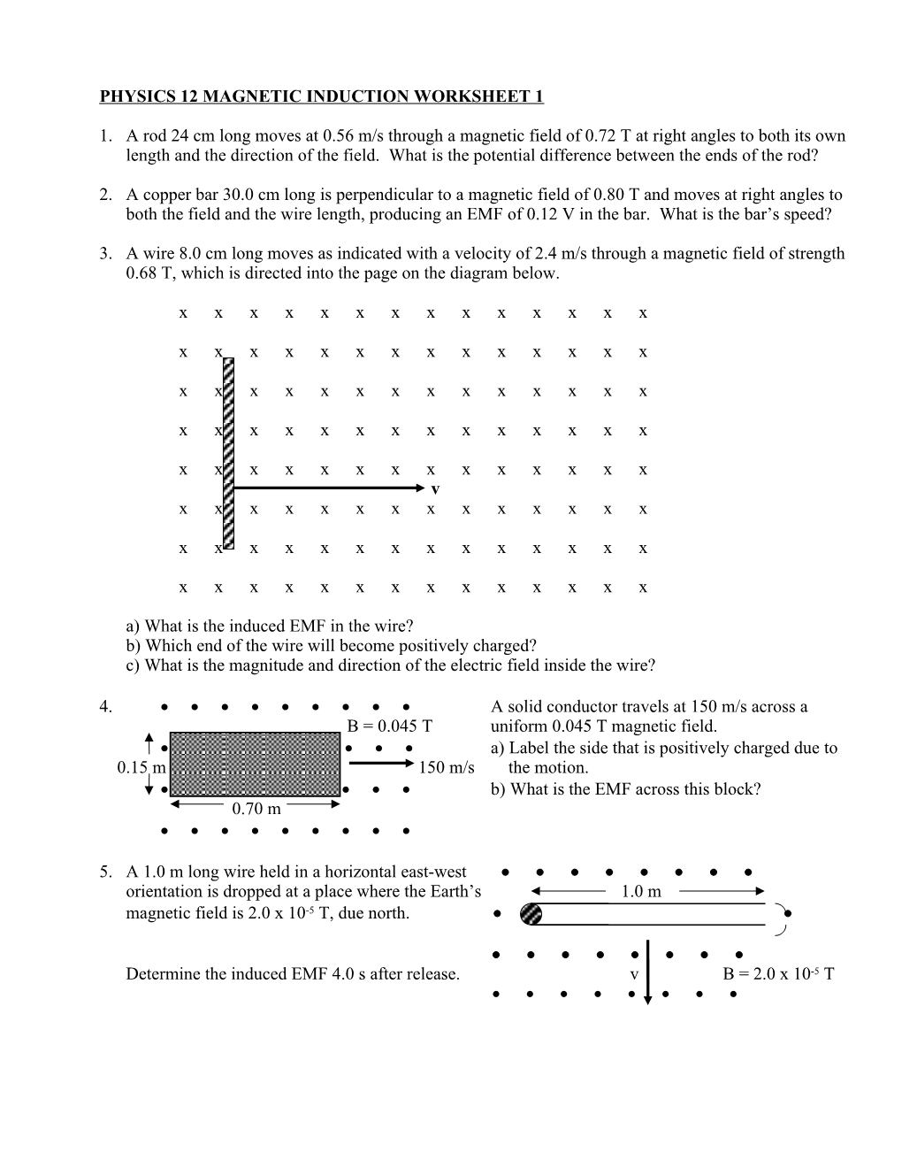 Physics 12 Magnetic Induction Worksheet 1