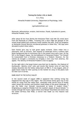 Taming the Sutlej: Life Or Death R. S. Pirta Himachal Pradesh University, Department of Psychology, India 2001 Rspirta@Hclinfinet.Com