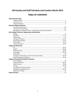 USI Faculty and Staff Scholarly and Creative Works 2013 TABLE of CONTENTS