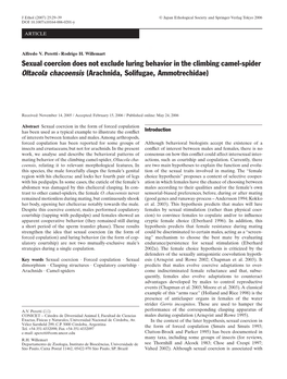 Sexual Coercion Does Not Exclude Luring Behavior in the Climbing Camel-Spider Oltacola Chacoensis (Arachnida, Solifugae, Ammotrechidae)