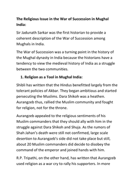 The Religious Issue in the War of Succession in Mughal India: Sir