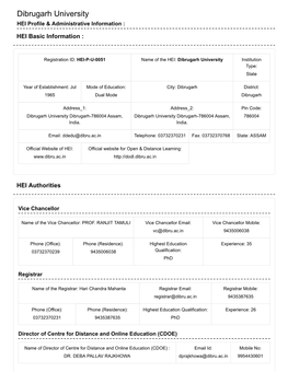 Dibrugarh University HEI Profile & Administrative Information