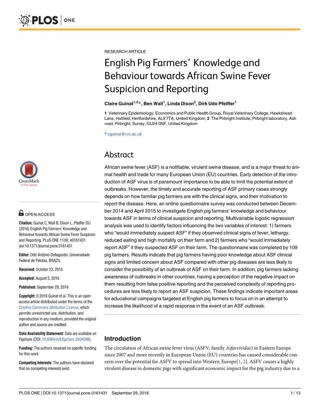 English Pig Farmers' Knowledge and Behaviour OPEN ACCESS Towards ASF in Terms of Clinical Suspicion and Reporting