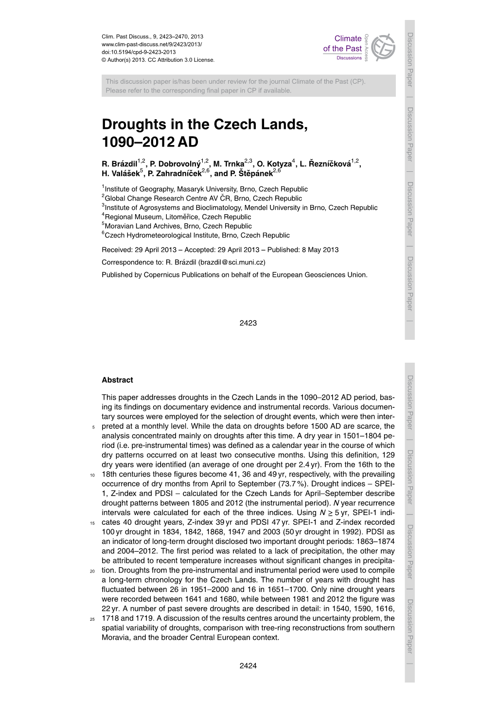 Droughts in the Czech Lands, 1090–2012 AD R