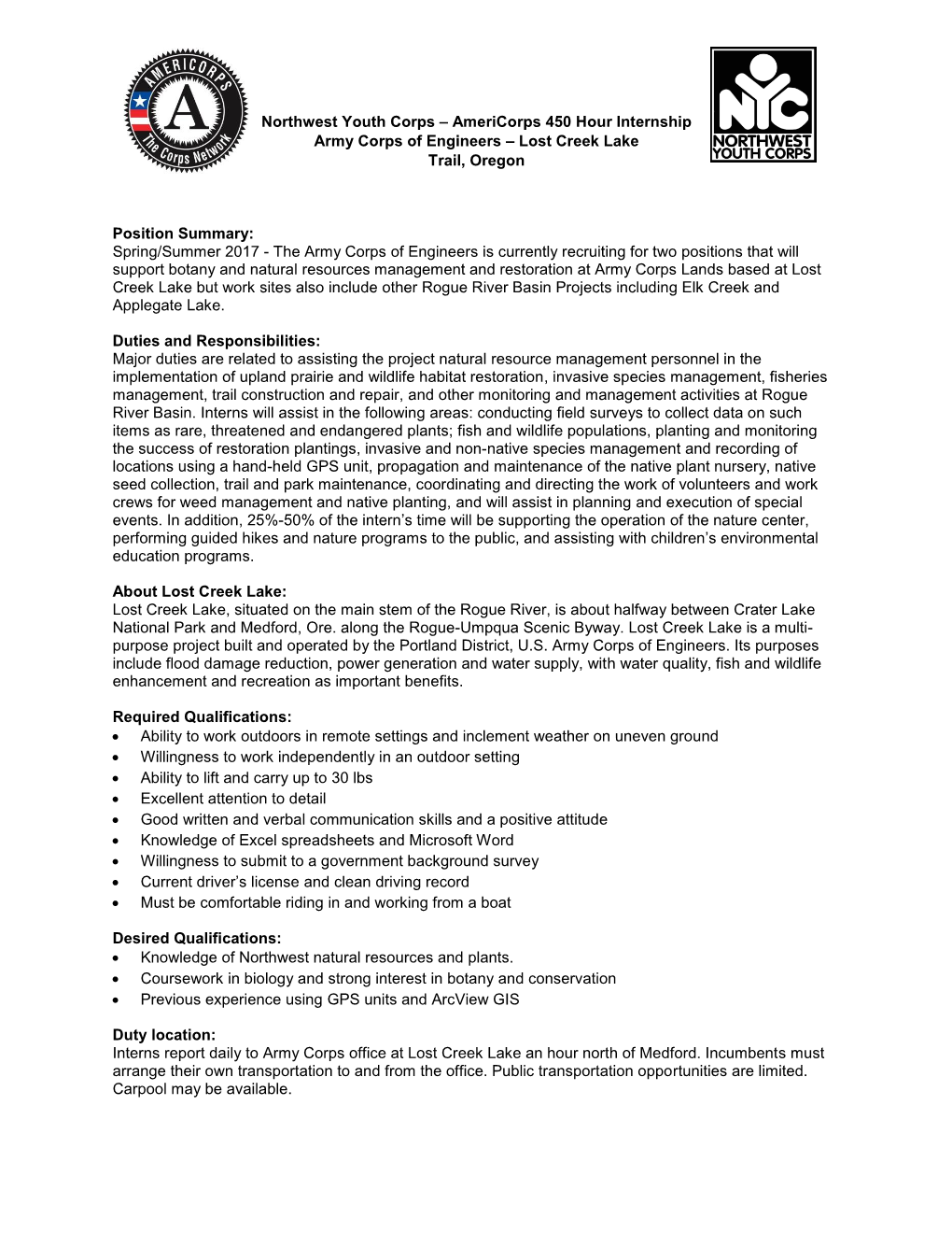 Northwest Youth Corps – Americorps 450 Hour Internship Army Corps of Engineers – Lost Creek Lake Trail, Oregon