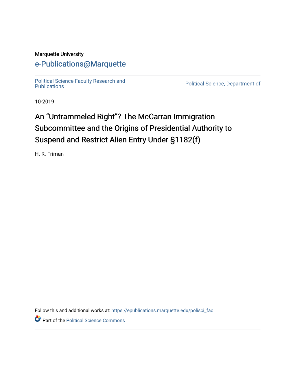 The Mccarran Immigration Subcommittee and the Origins of Presidential Authority to Suspend and Restrict Alien Entry Under §1182(F)