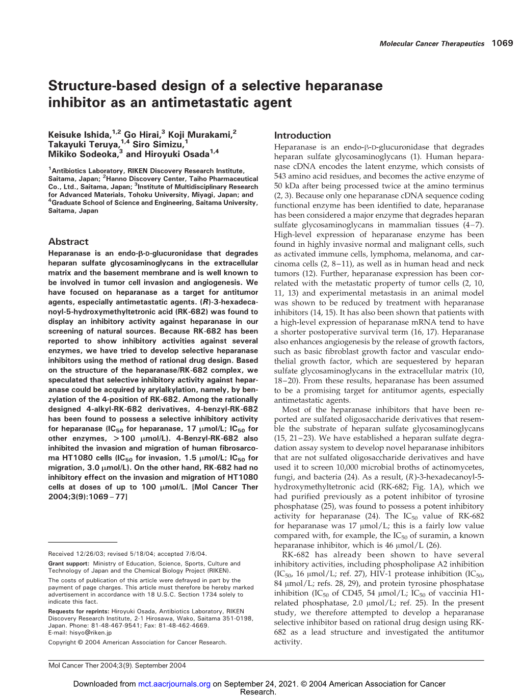 Structure-Based Design of a Selective Heparanase Inhibitor As an Antimetastatic Agent