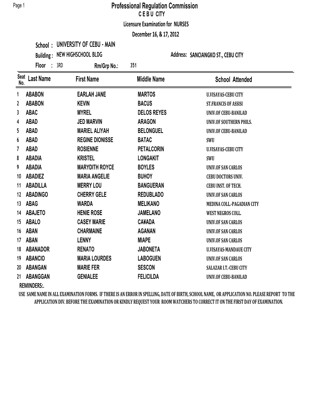 CEBU CITY Floor : 3RD Rm/Grp No.: 351 Seat Last Name No