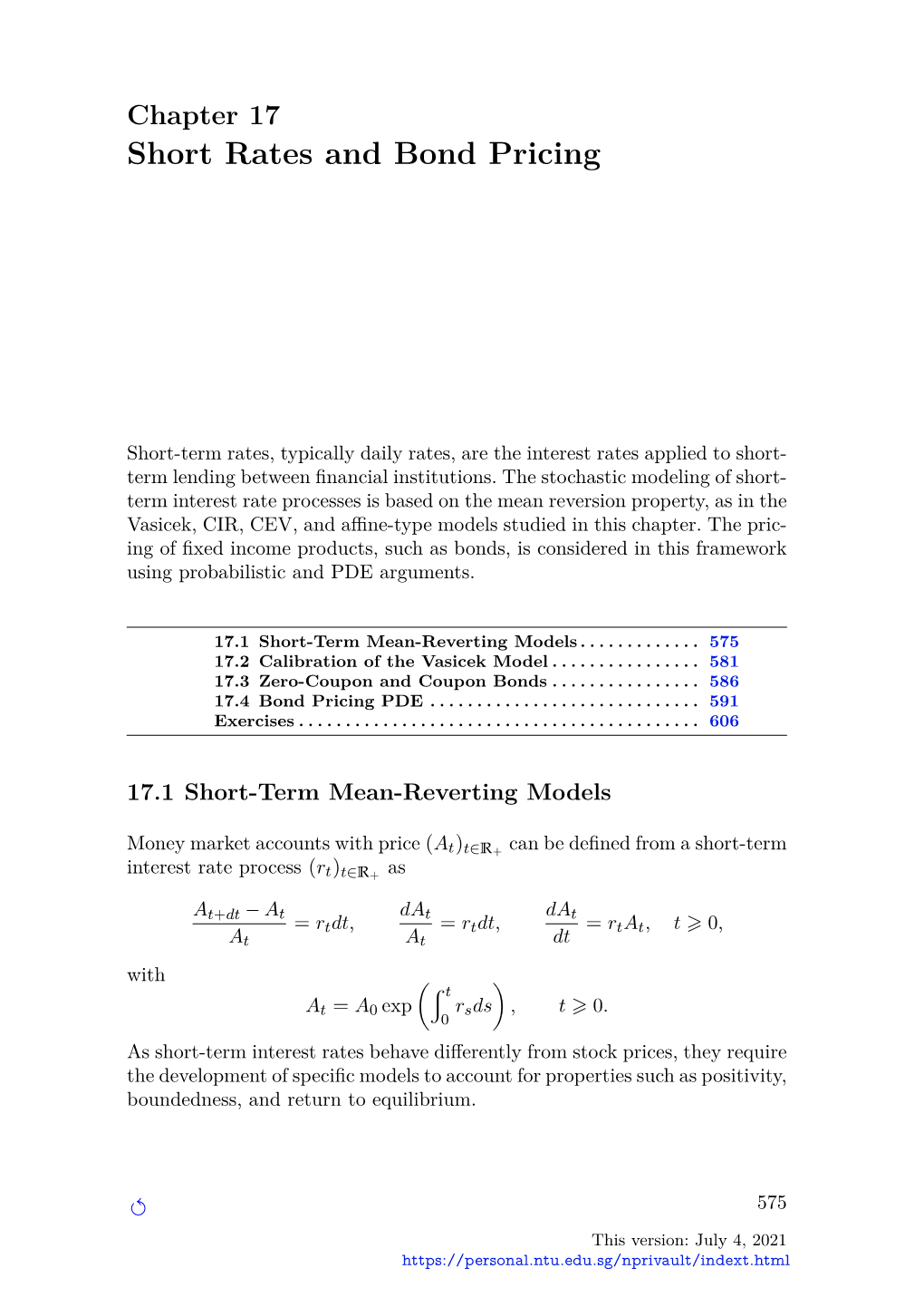 Short Rates and Bond Pricing