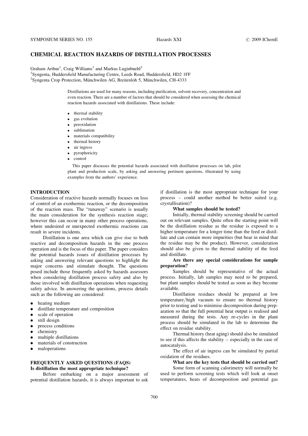 Chemical Reaction Hazards of Distillation Processes