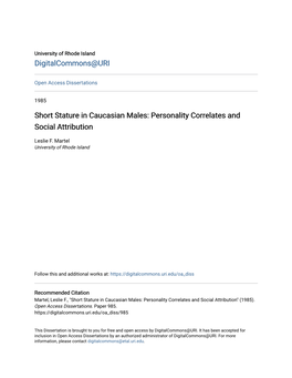 Short Stature in Caucasian Males: Personality Correlates and Social Attribution