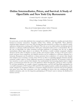 Online Intermediaries, Prices, and Survival: a Study of Opentable and New York City Restaurants