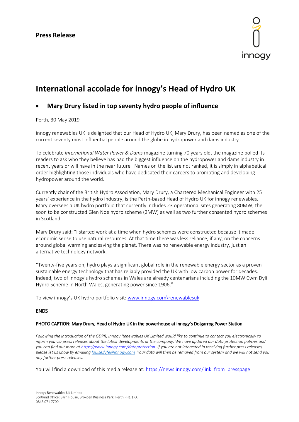 International Accolade for Innogy's Head of Hydro UK