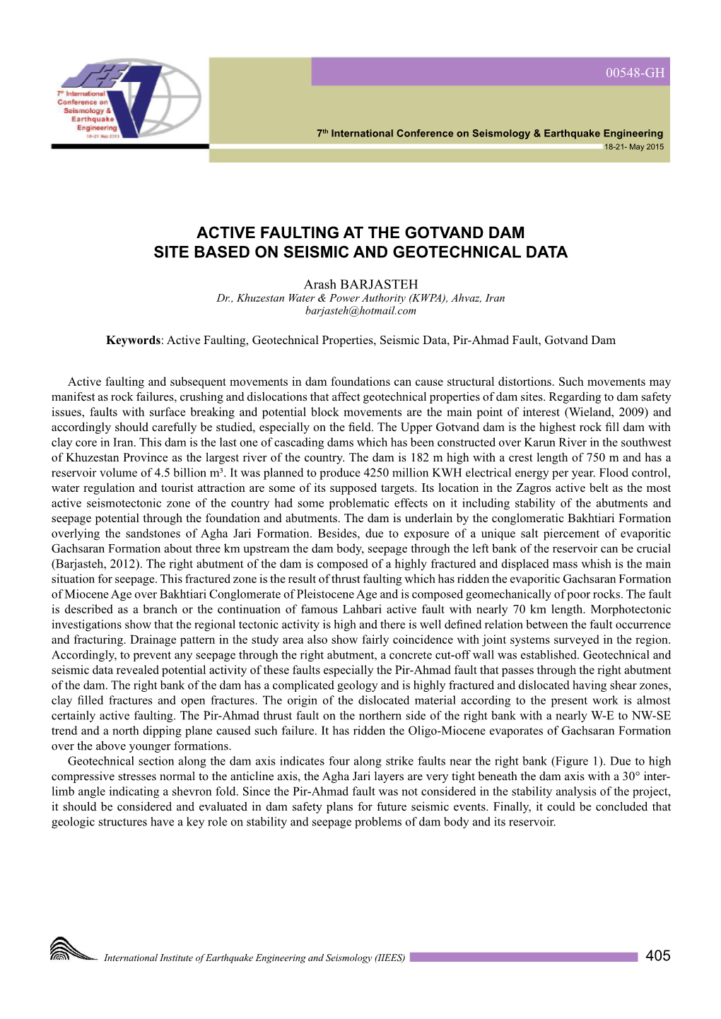 Active Faulting at the Gotvand Dam Site Based on Seismic and Geotechnical Data