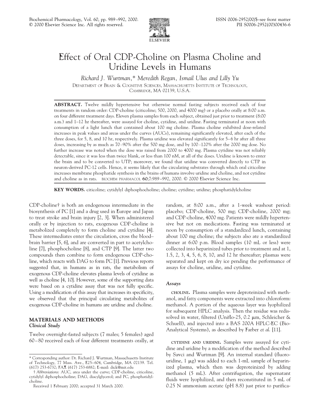 Effect of Oral CDP-Choline on Plasma Choline and Uridine Levels in Humans Richard J