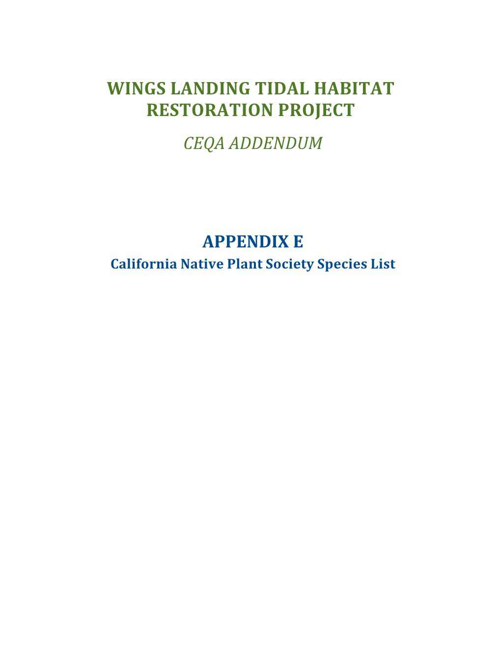 Wings Landing Tidal Habitat Restoration Project Ceqa Addendum