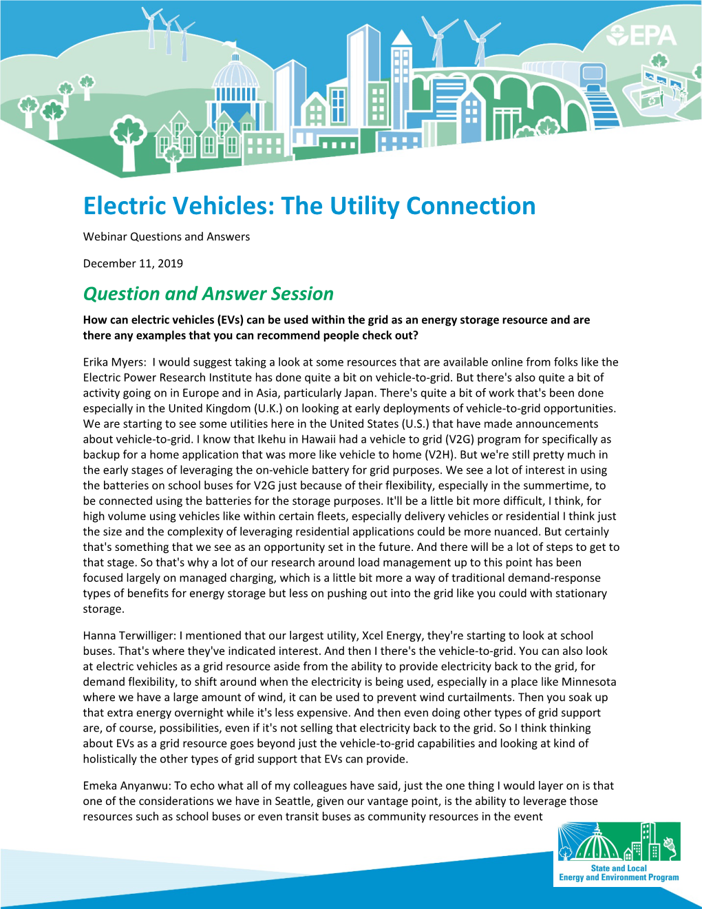 Electric Vehicles: the Utility Connection Webinar Questions and Answers