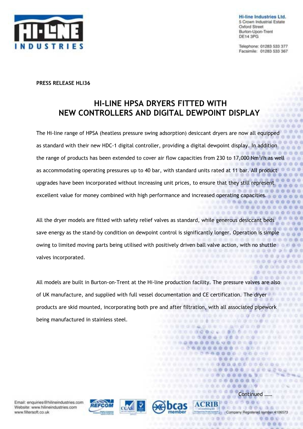 Hi-Line HPSA Dryers Fitted with New Controllers and Digital Dewpoint Display