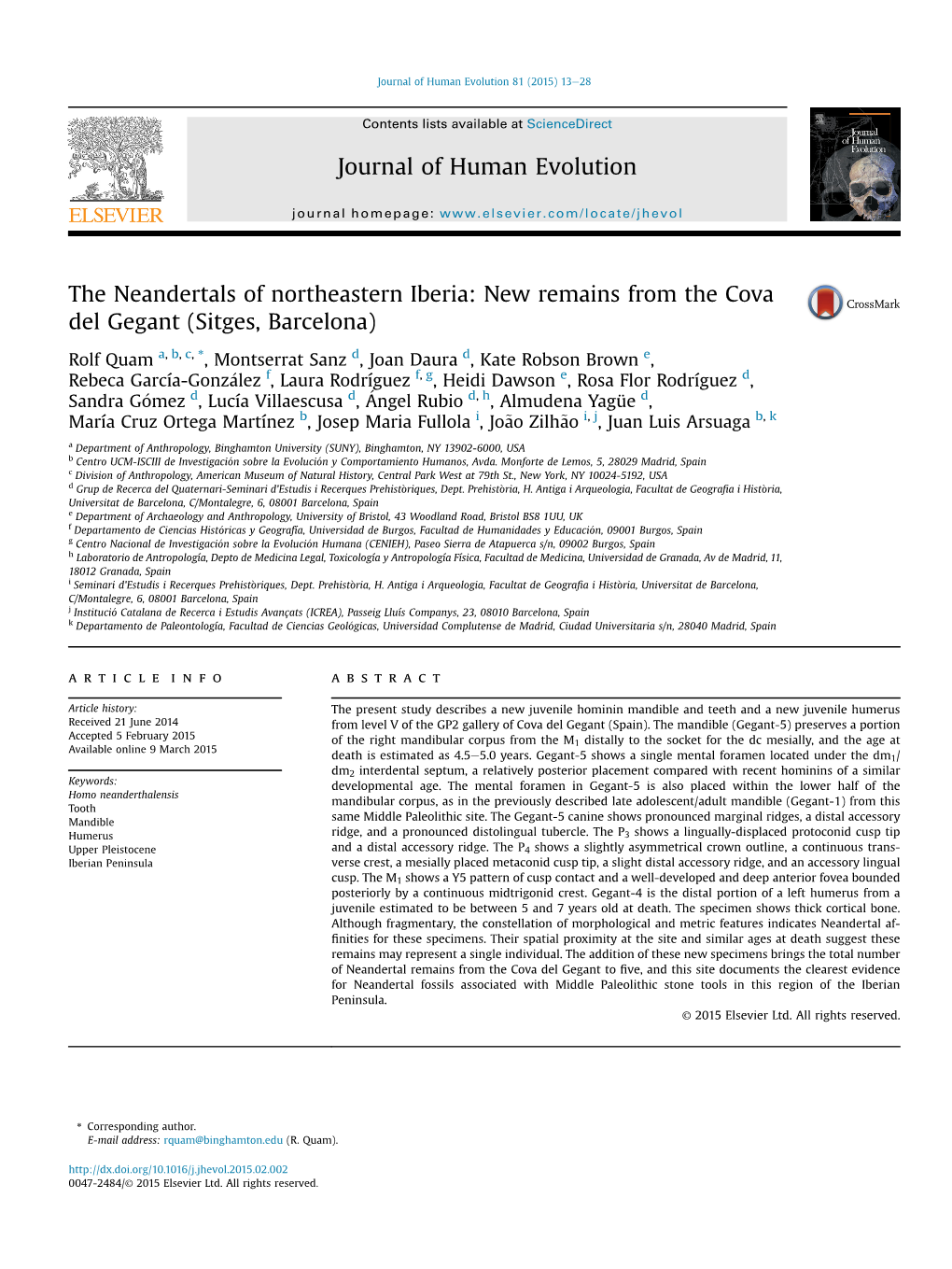 The Neandertals of Northeastern Iberia: New Remains from the Cova Del Gegant (Sitges, Barcelona)