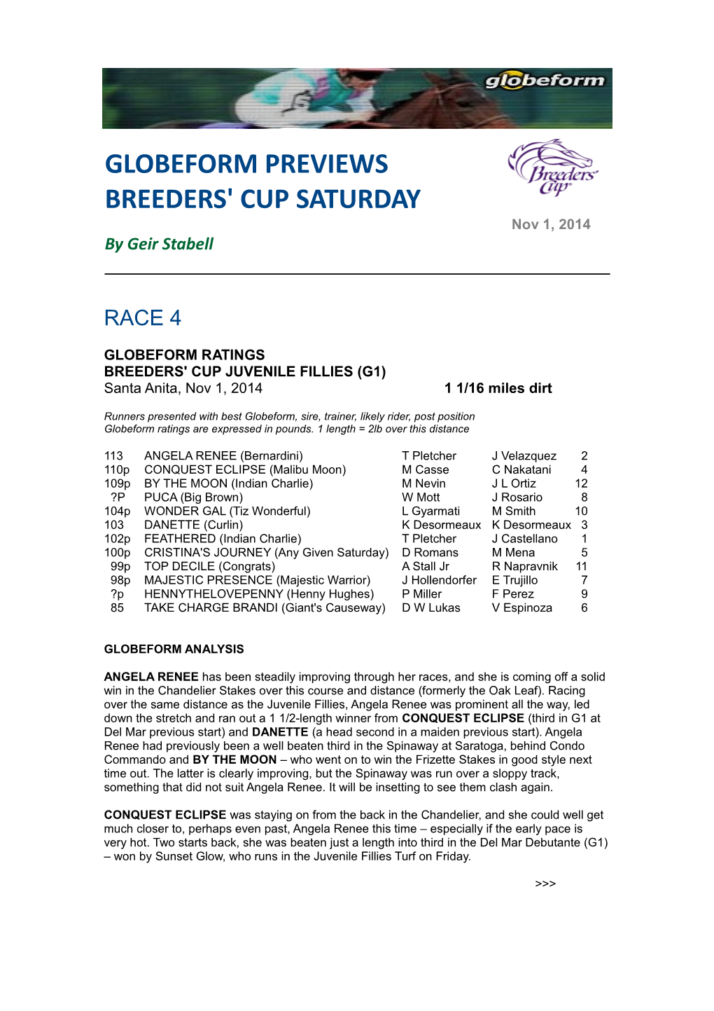 GLOBEFORM PREVIEWS BREEDERS' CUP SATURDAY Nov 1, 2014 by Geir Stabell