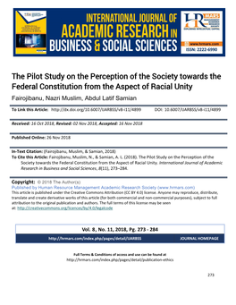 The Pilot Study on the Perception of the Society Towards the Federal Constitution from the Aspect of Racial Unity