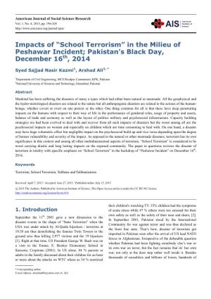 School Terrorism” in the Milieu of Peshawar Incident; Pakistan’S Black Day, December 16Th, 2014