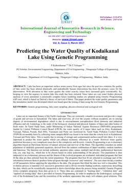 Predicting the Water Quality of Kodaikanal Lake Using Genetic Programming