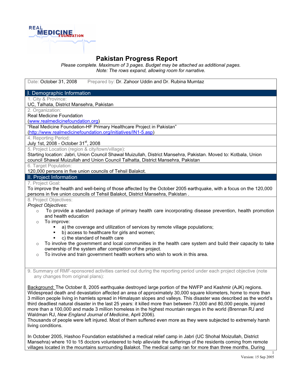 Pakistan Progress Report Please Complete
