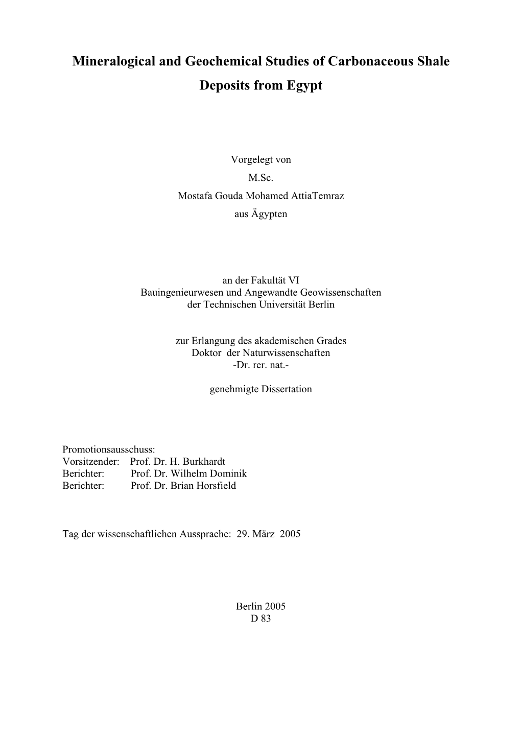 Mineralogical and Geochemical Studies of Carbonaceous Shale Deposits from Egypt