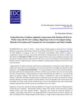 For Immediate Release Eating Disorders Coalition Applauds