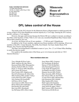 DFL Takes Control of the House Minnesota House of Representatives