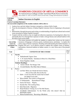 Indian Literature in English Course Learning Outcomes: on Successful Completion of the Module Students Will Be Able To: 1